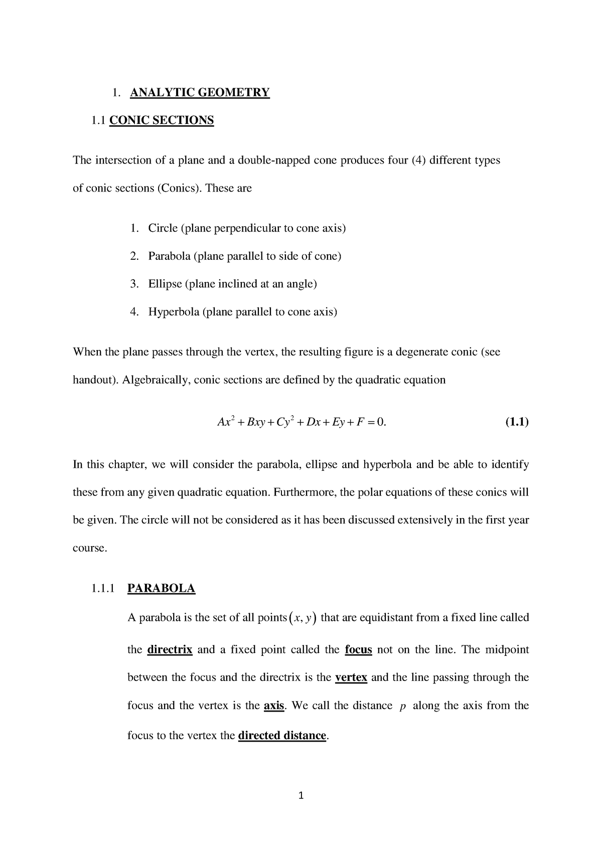 1 - Math - 1. ANALYTIC GEOMETRY 1 CONIC SECTIONS The Intersection Of A ...