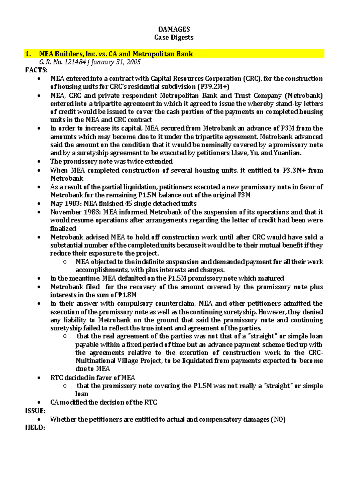 Damages Case Digests DAMAGES Case Digests MEA Builders, Inc. vs. CA