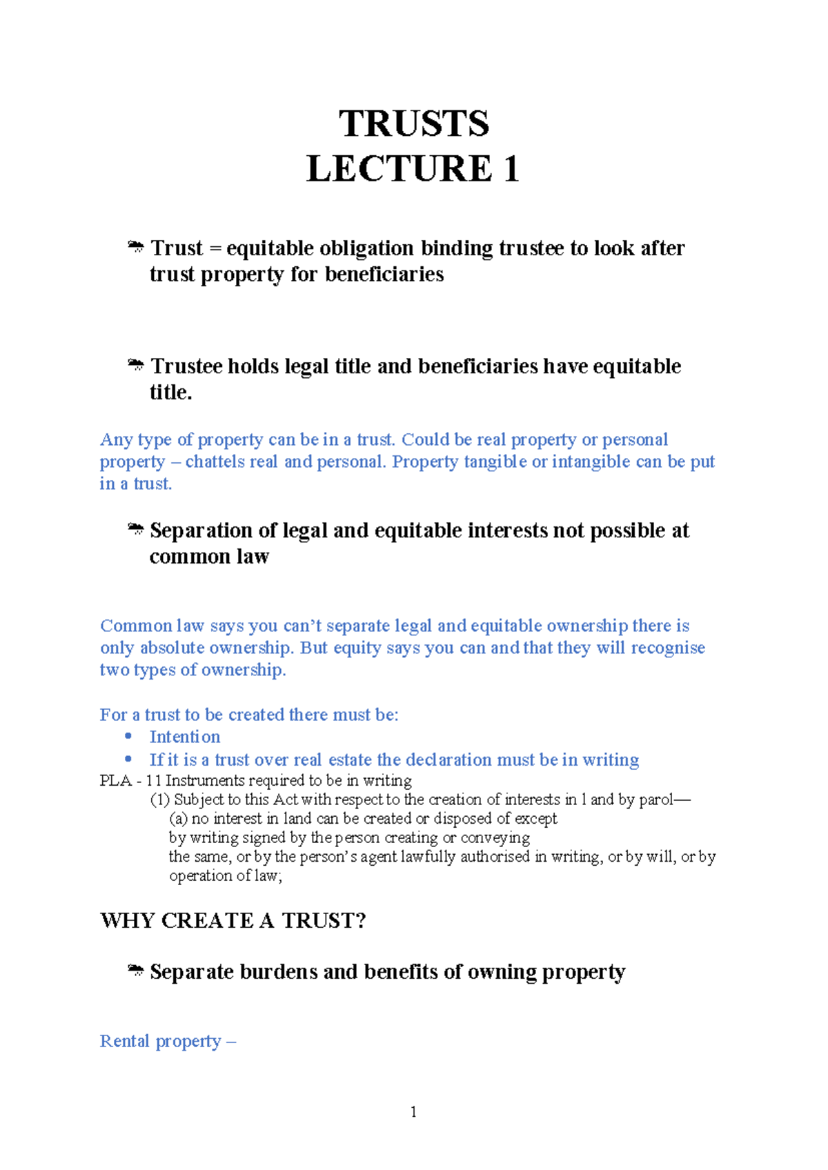 2021 trusts lecture 1 - WEEK 1 - TRUSTS LECTURE 1 Trust = equitable ...