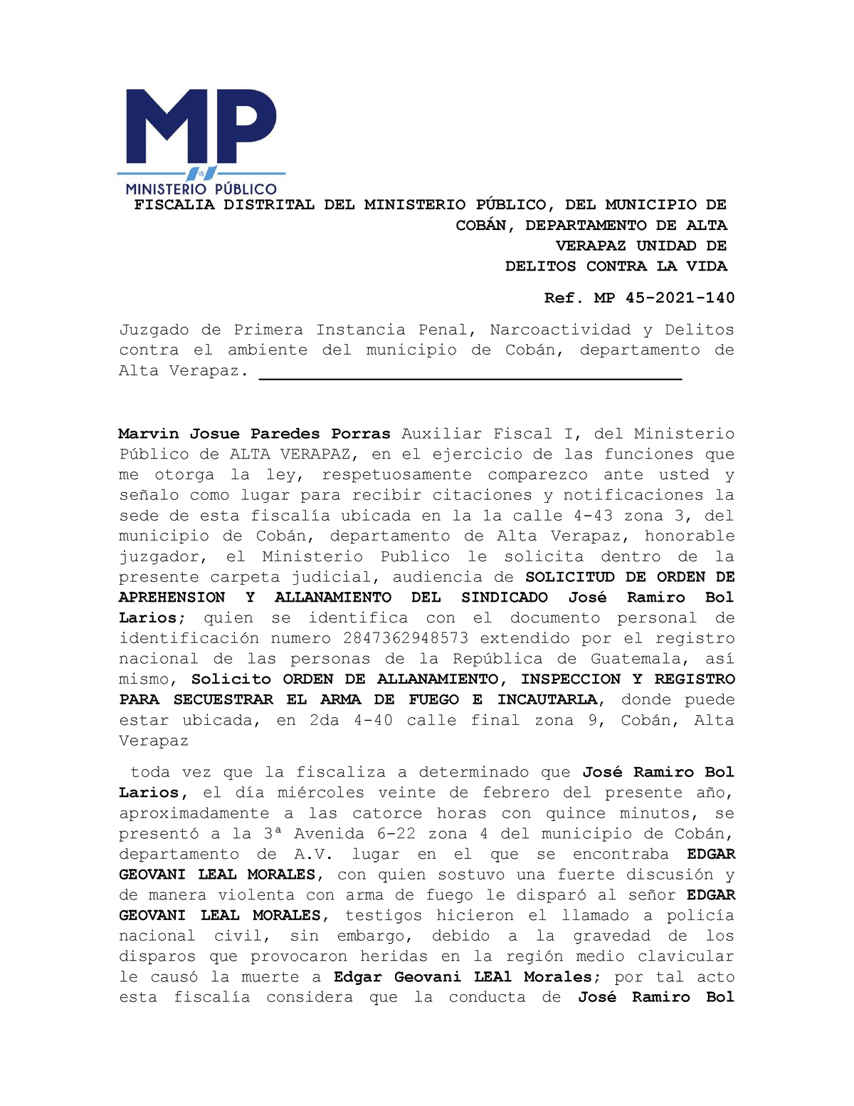 Solicitud Orden De Aprehensión Mp Fiscalia Distrital Del Ministerio PÚblico Del Municipio De 1289