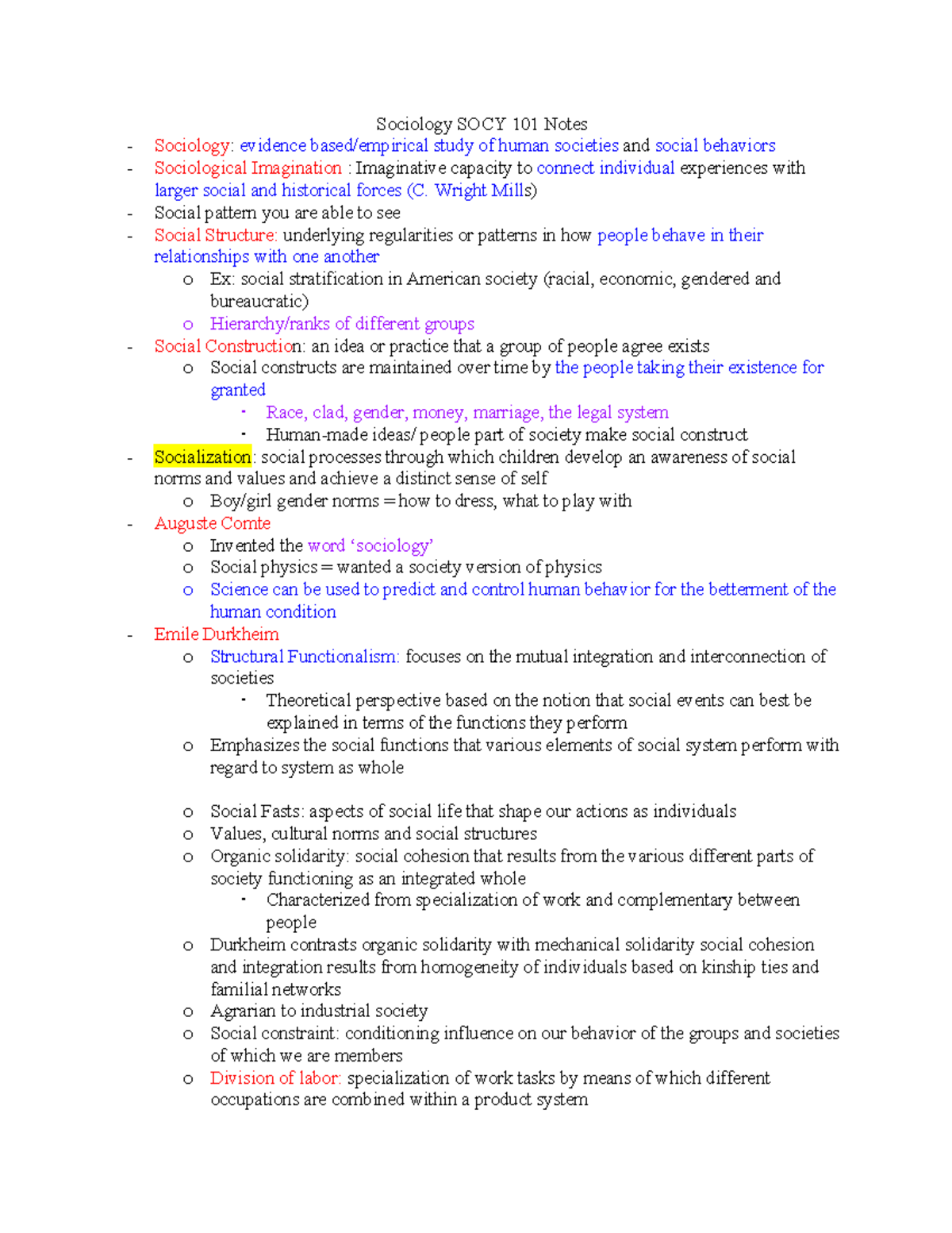 SOCY 101 Notes - Dr. Williams, Unit 1 - Sociology SOCY 101 Notes ...