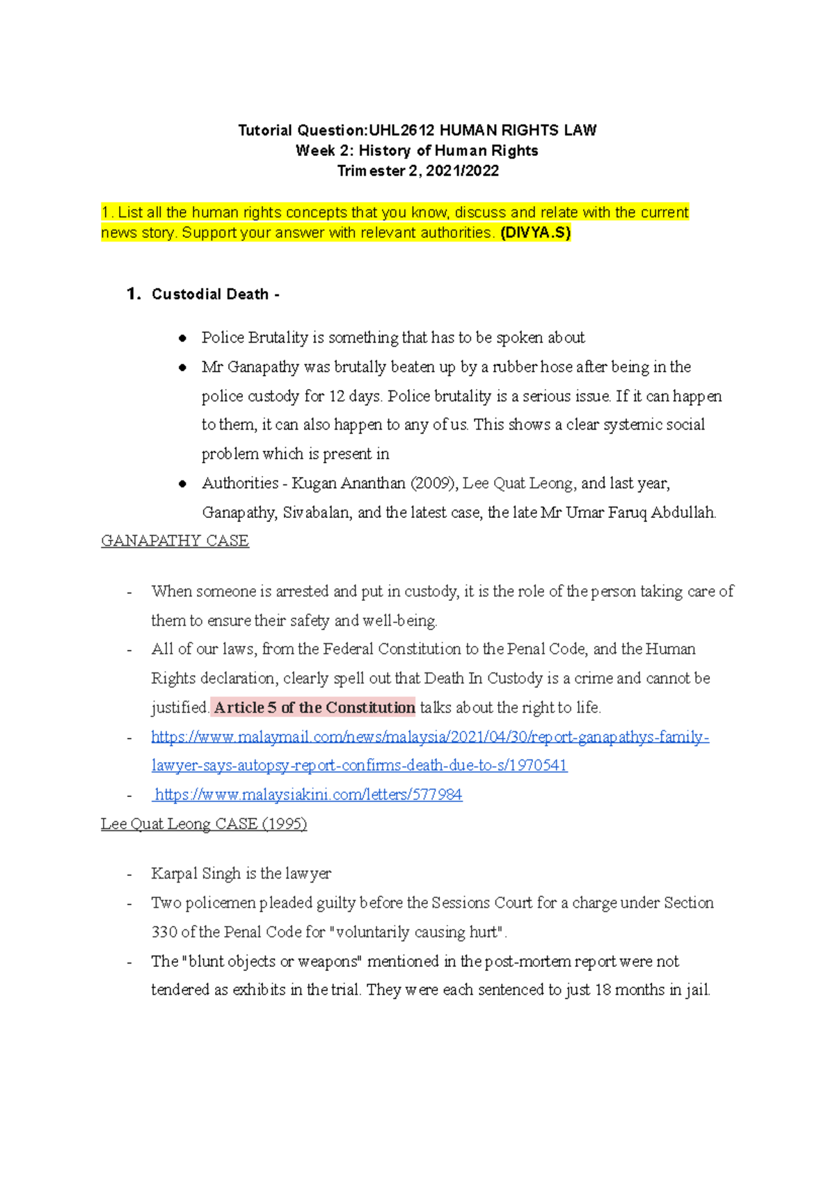Tuto 1 - good luck yall! - Tutorial Question:UHL2612 HUMAN RIGHTS LAW ...