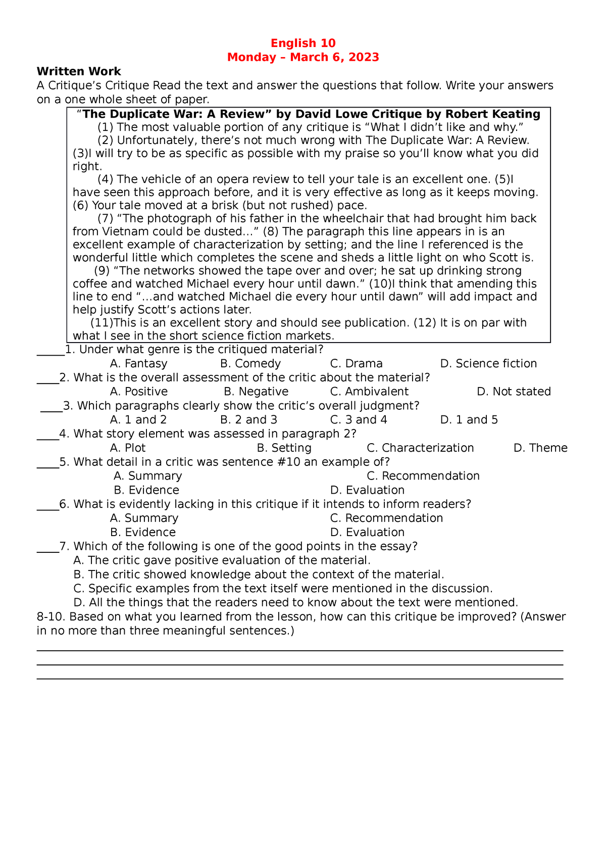 Modular activities English 10 - English 10 Monday – March 6, 2023 ...