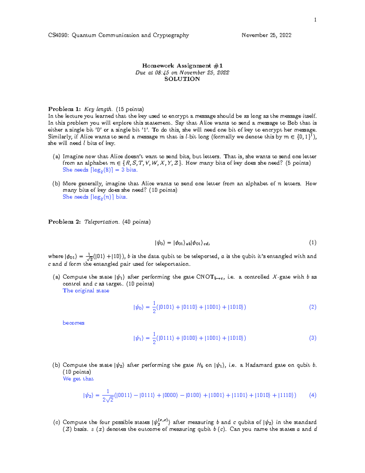 Homework 1 2022 Solutions v2 - CS4090: Quantum Communication and ...