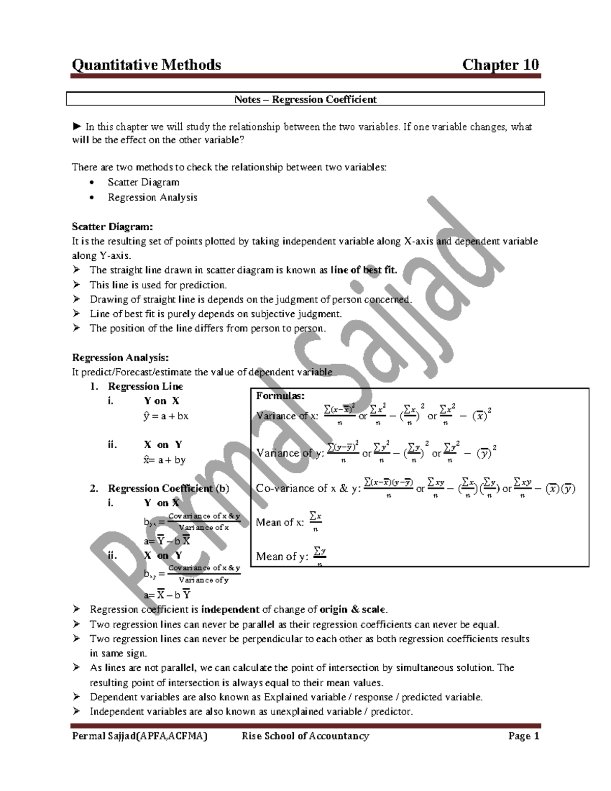 Chapter 10 Notes - Notes – Regression Coefficient In this chapter we ...