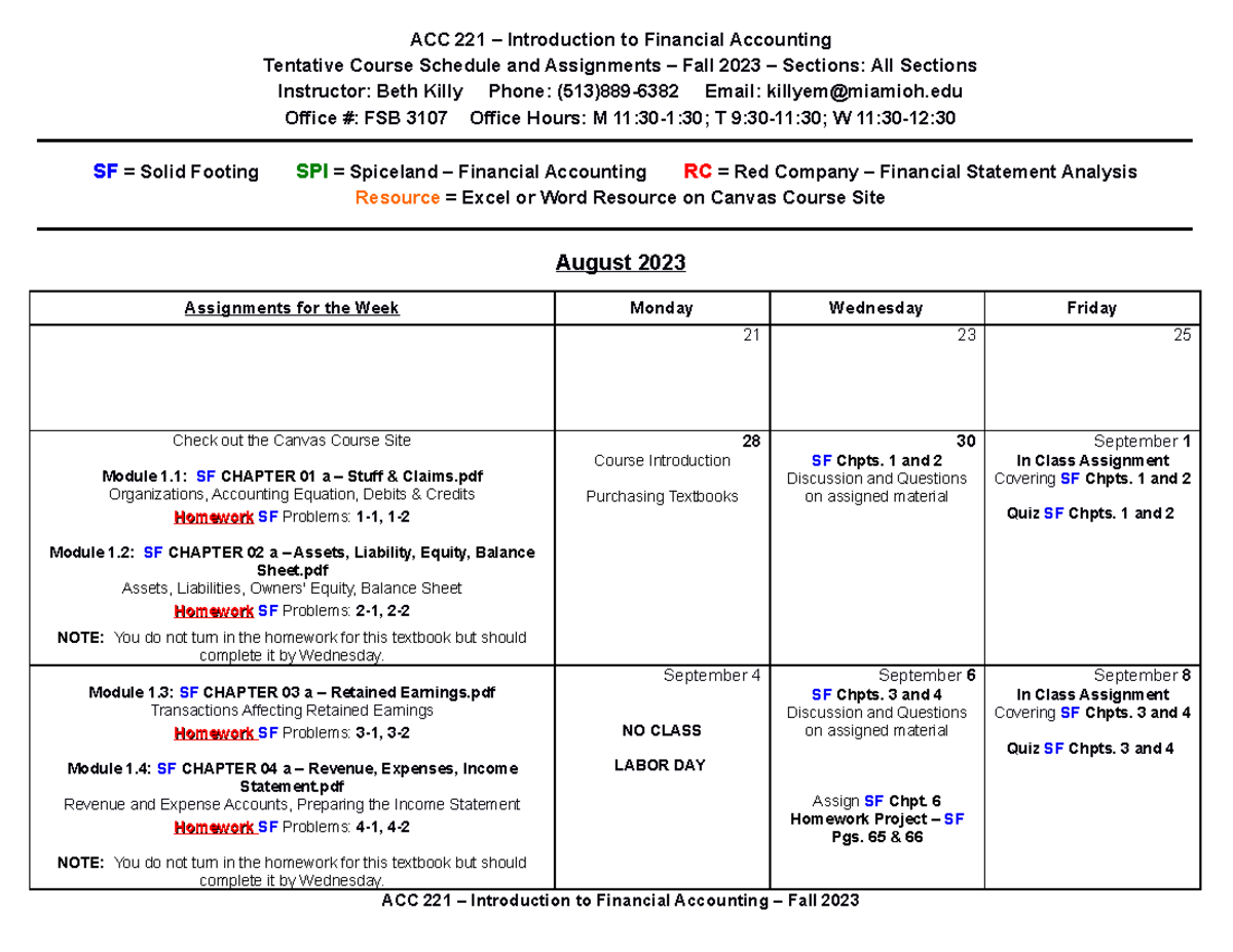 ACC 221 - Fall 2023 Course Schedule-Calendar - ACC 221 – Introduction