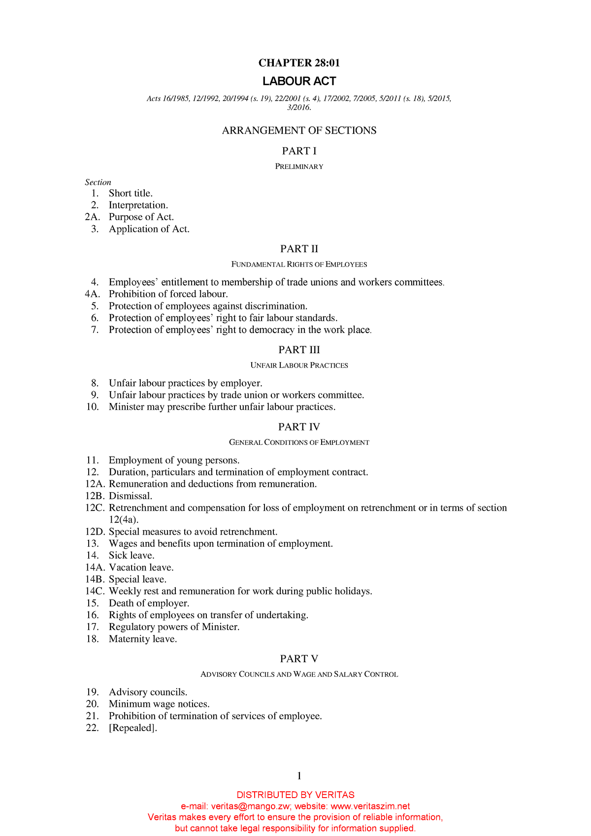 Labour Act updated to 2019 - 1 CHAPTER 28: LABOUR ACT Acts 16/1985, 12/ ...