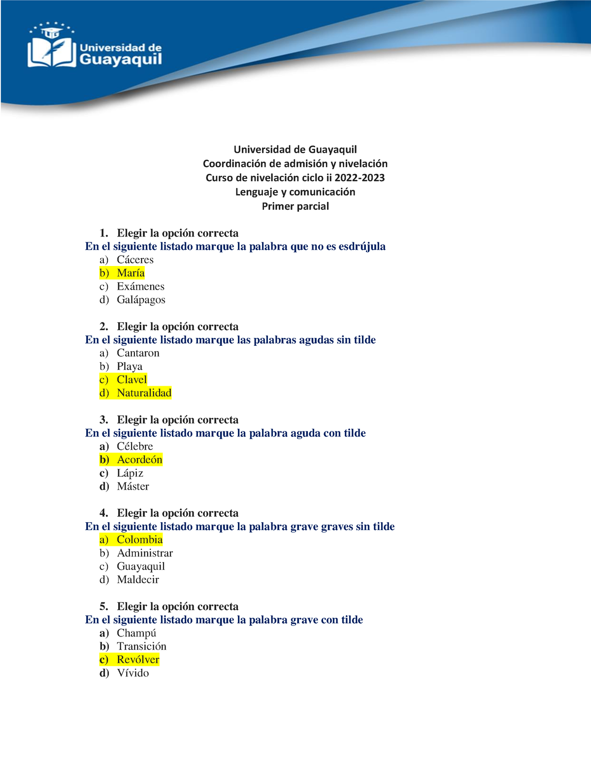 I Parcial Lenguaje ( Examen) - Universidad De Guayaquil CoordinaciÛn De ...