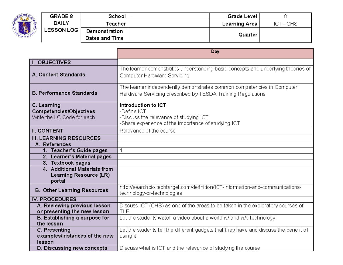 DLLICTG8 a sample lesson log GRADE 8 DAILY LESSON LOG School