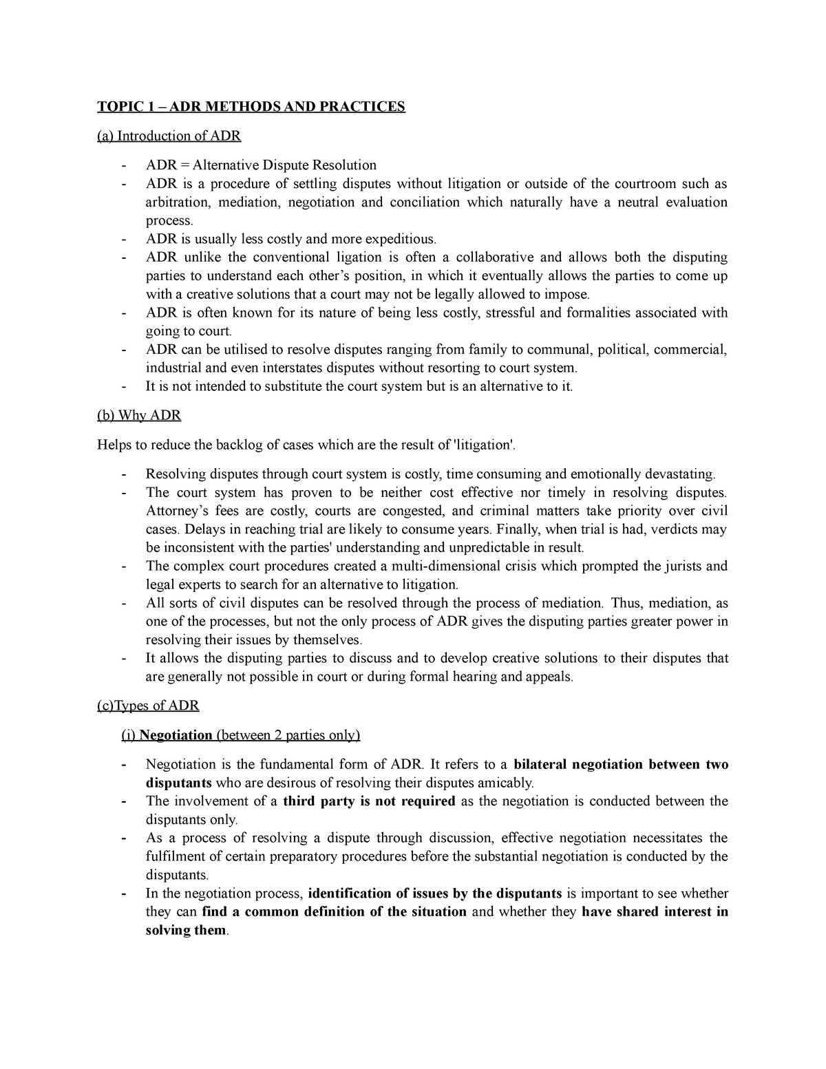 Adr Methods And Practices Topic 1 Adr Methods And Practices A Introduction Of Adr Adr Studocu