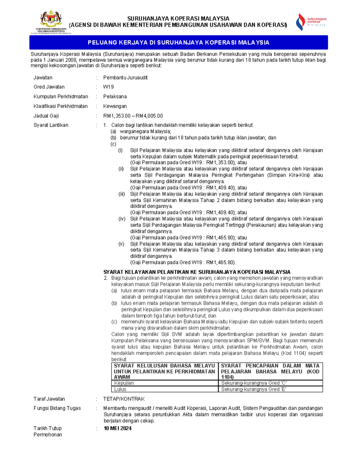 Pembantu Juruaudit W19 - SURUHANJAYA KOPERASI MALAYSIA (AGENSI DI BAWAH ...