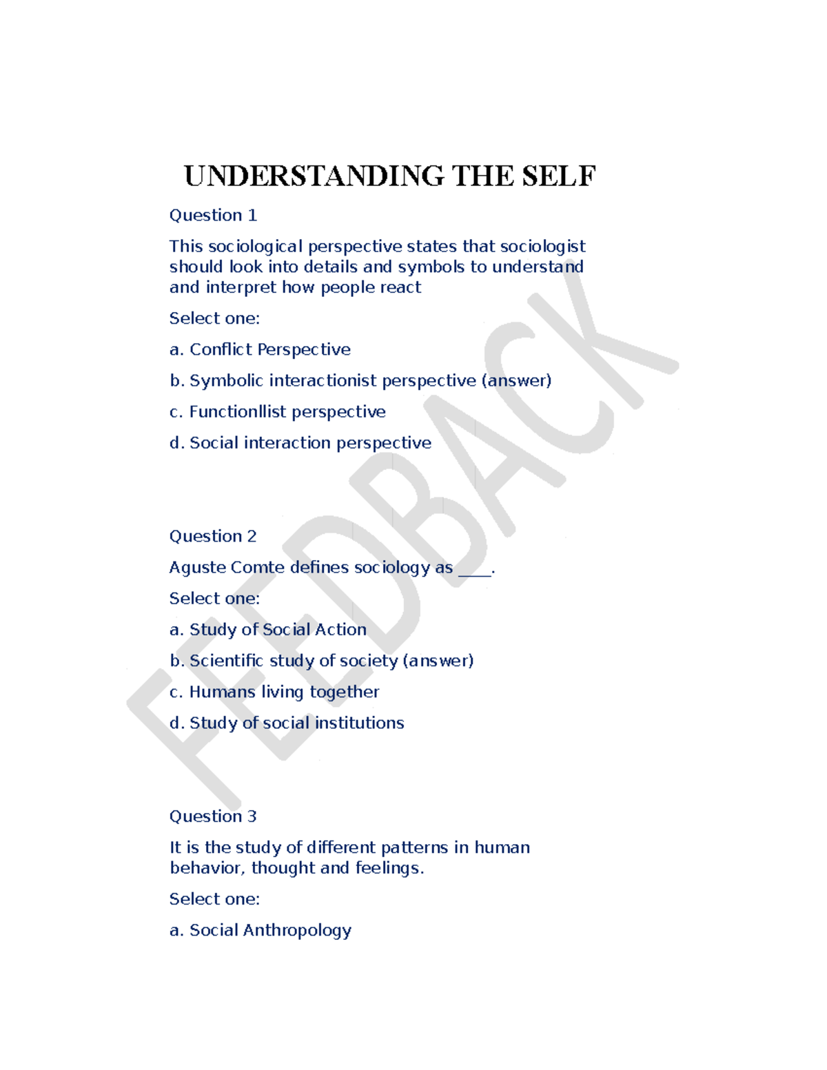 Understanding the self - UNDERSTANDING THE SELF Question 1 This ...