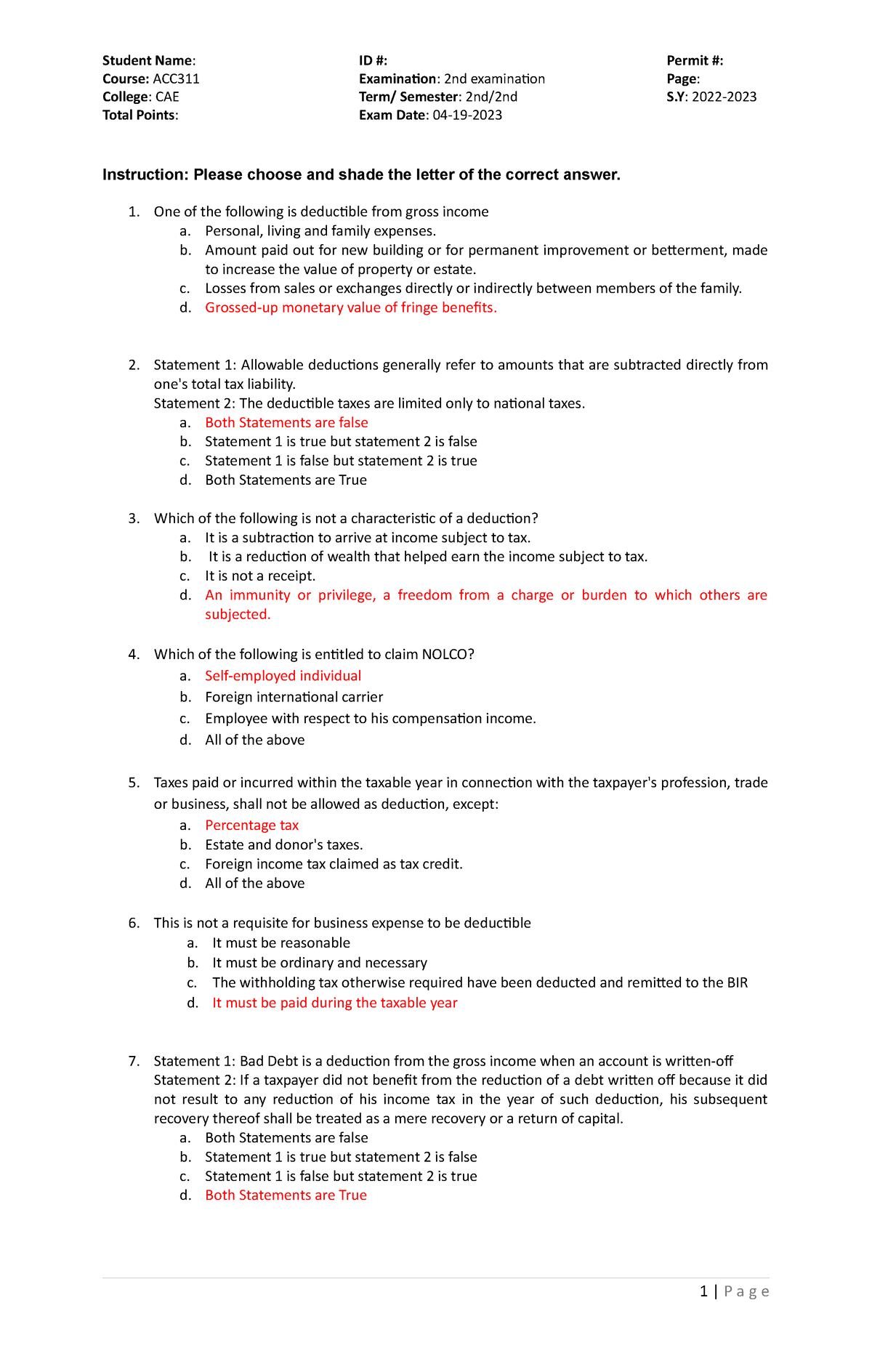 Income taxation exam - Course: ACC311 Examination: 2nd examination Page ...