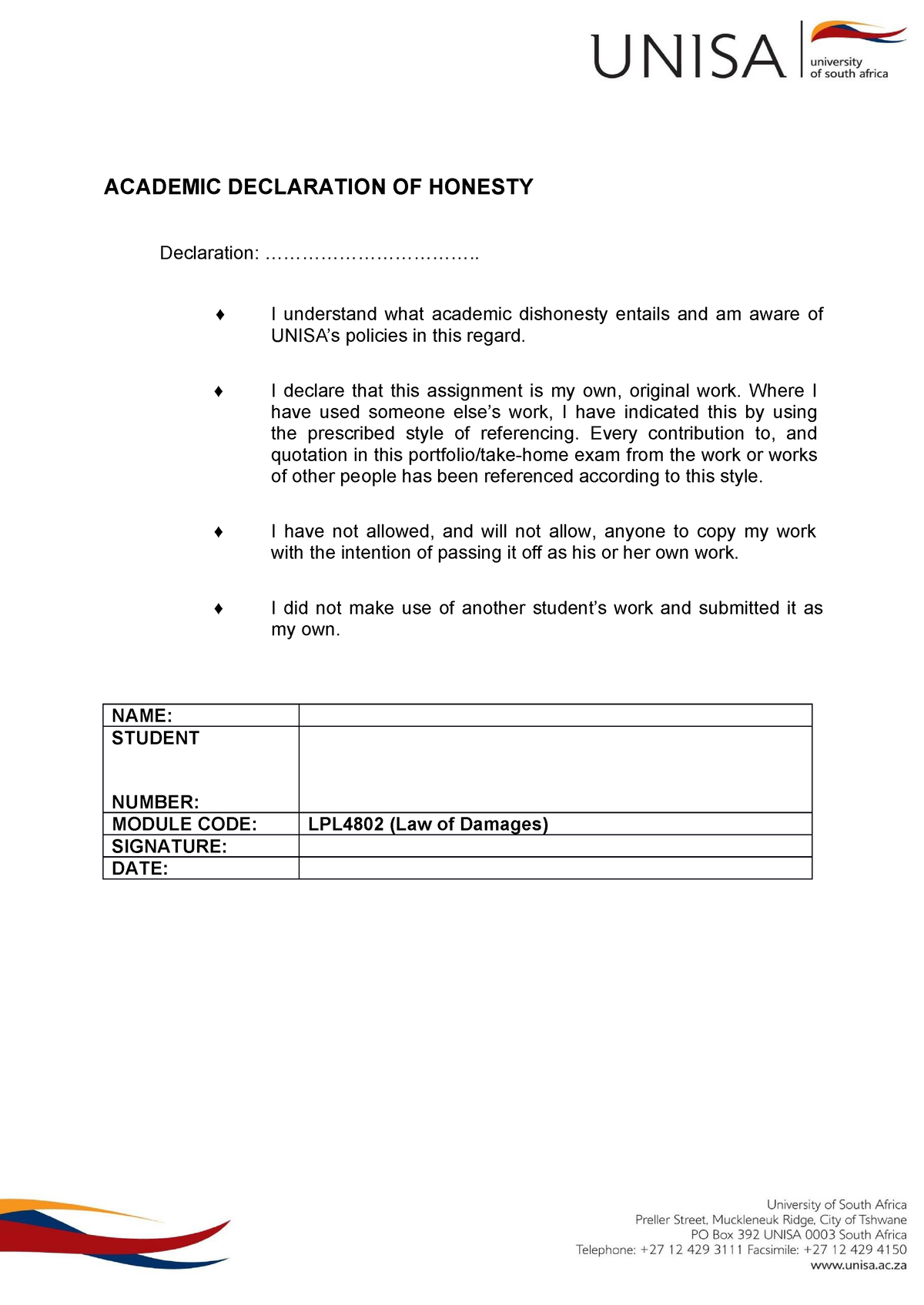 assignment declaration form unisa