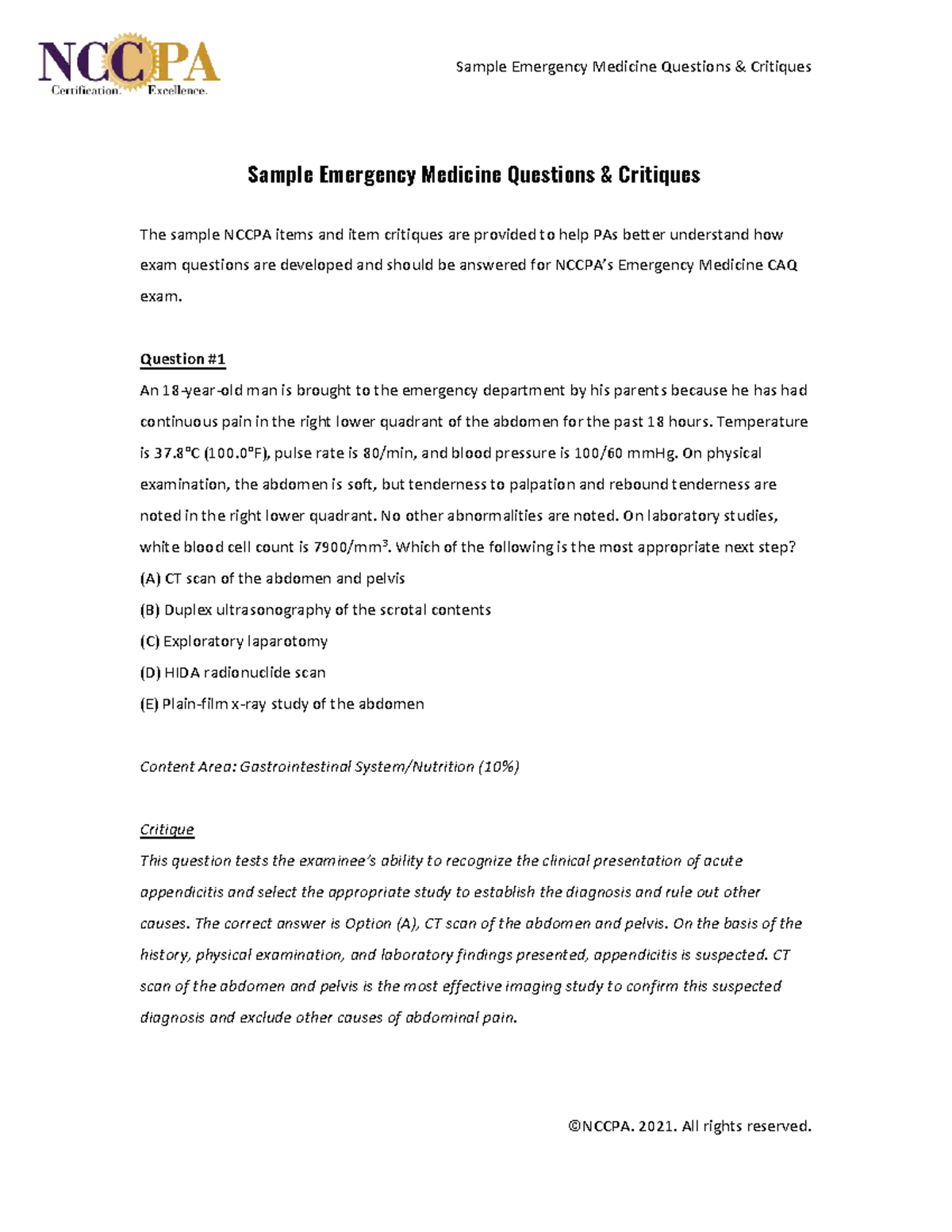 Emergency Medicine Critiquesest - Sample Emergency Medicine Questions ...