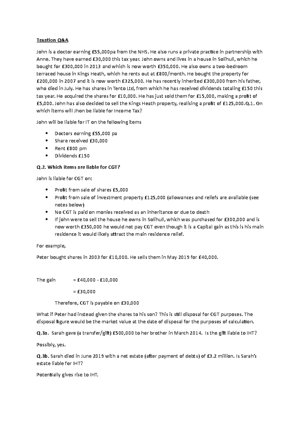 Taxation Example questions and answers Taxation Q&A John is a doctor