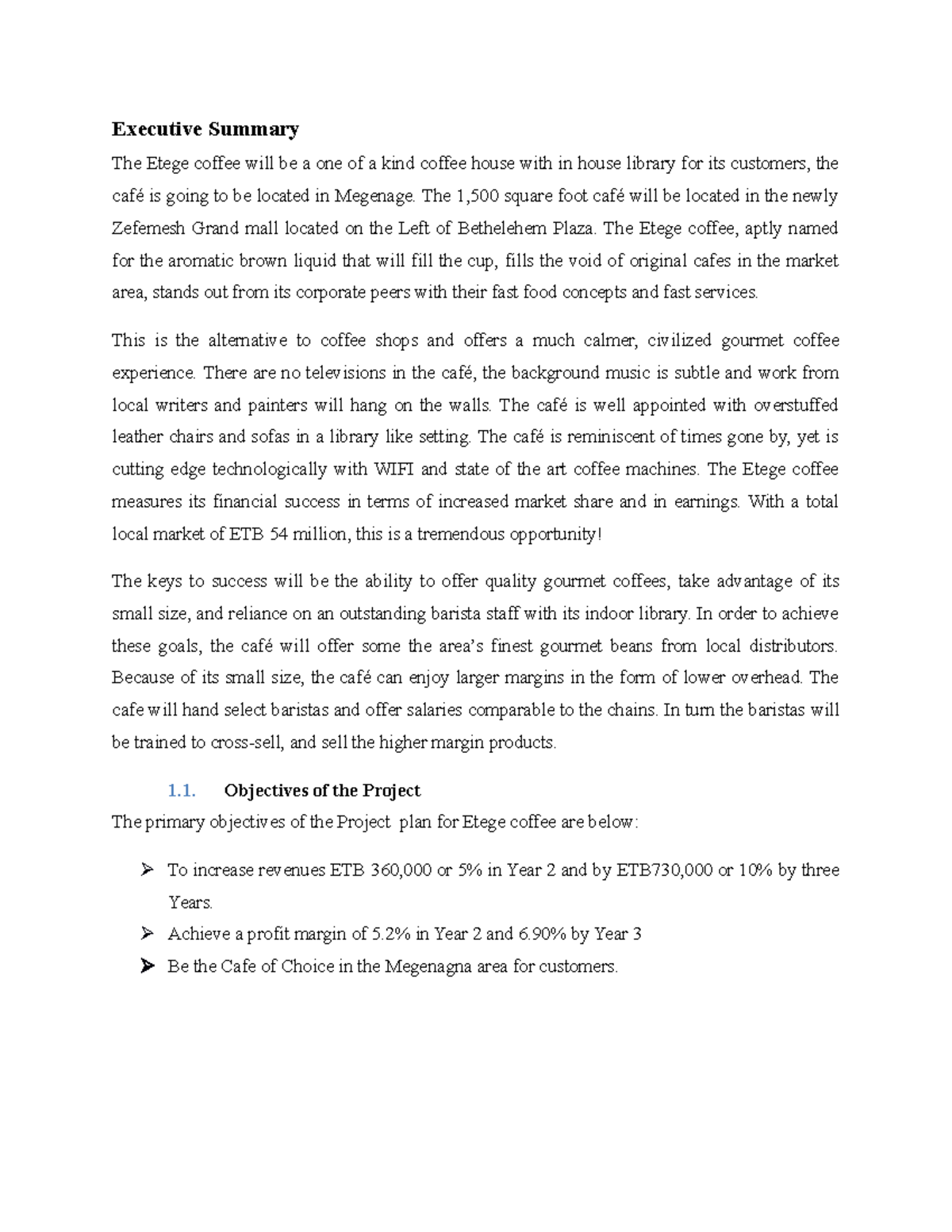 Etege coffe shop business plan - Executive Summary The Etege coffee ...