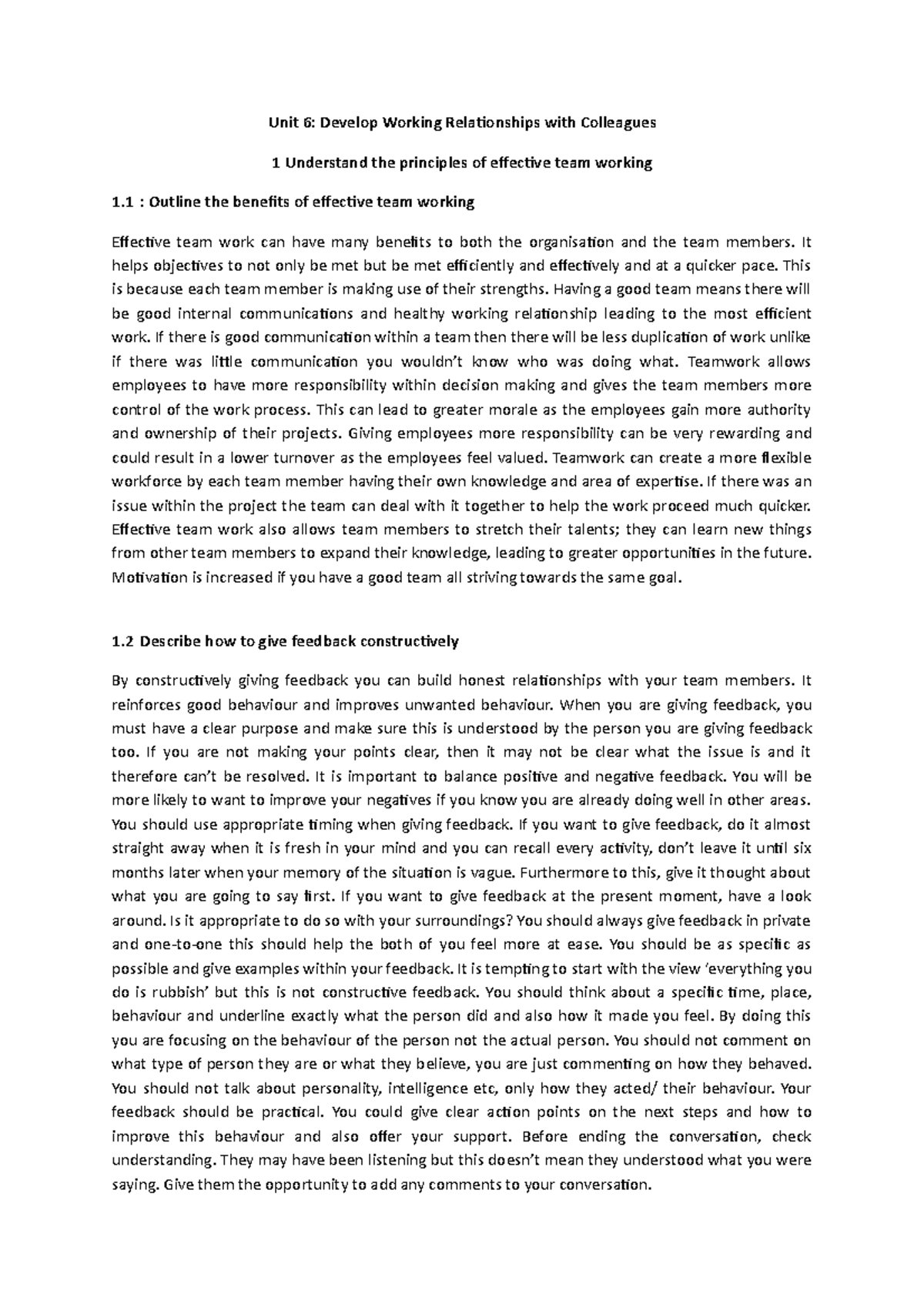 BTEC Level 2 Diploma In Business Admin U 6 Unit 6 Develop Working