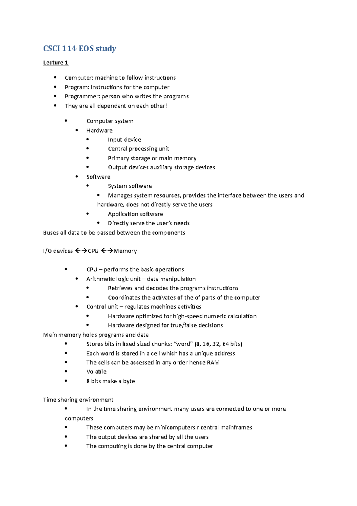 Csci 114 Eos Study - CSCI 114 EOS study Lecture 1 Computer: machine to ...