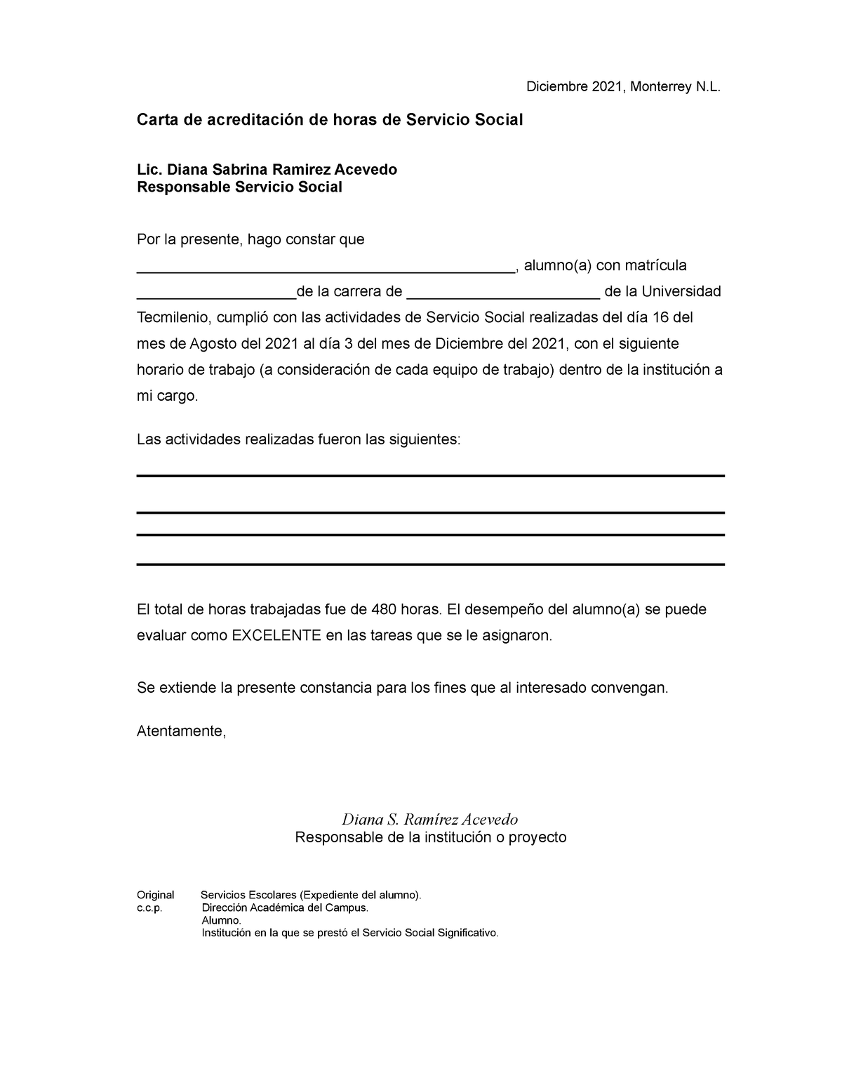 Formato Carta Acreditación - Diciembre 2021, Monterrey N. Carta de  acreditación de horas de Servicio - Studocu