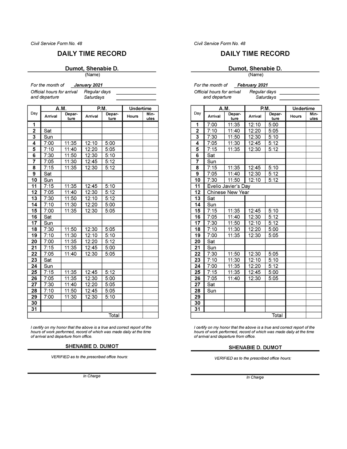 Daily Time Record (DTR) - Civil Service Form No. 48 DAILY TIME RECORD ...