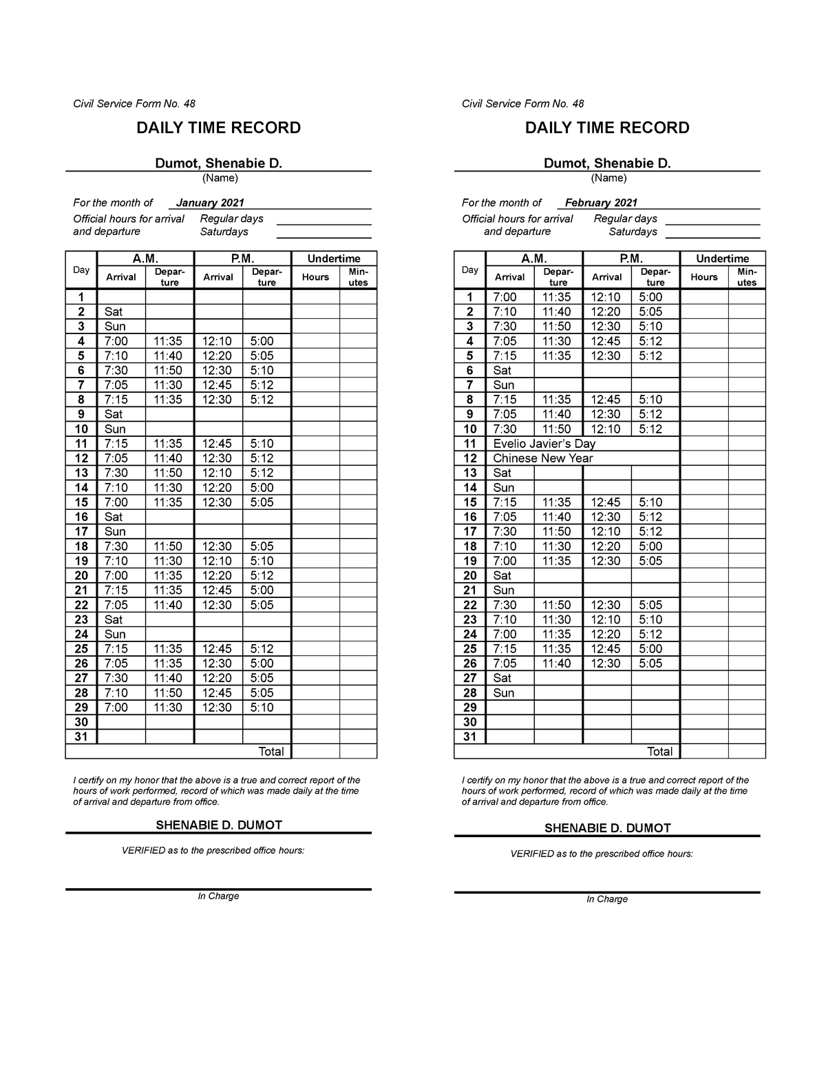 Daily Time Record DTR Civil Service Form No 48 DAILY TIME RECORD Dumot Shenabie D Name 