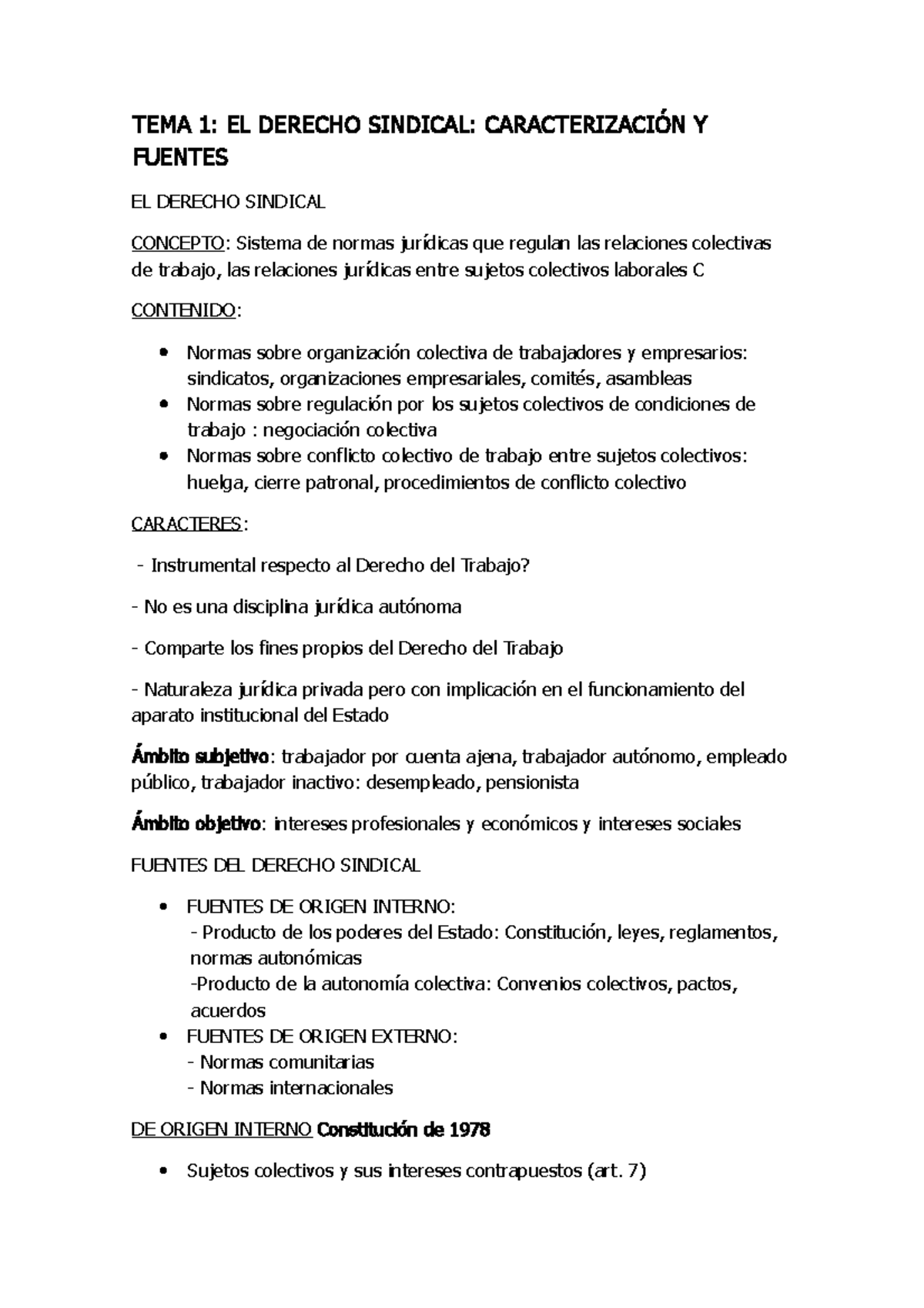 TEMA 1 - Apunts 1 - TEMA 1: EL DERECHO SINDICAL: CARACTERIZACIÓN Y ...