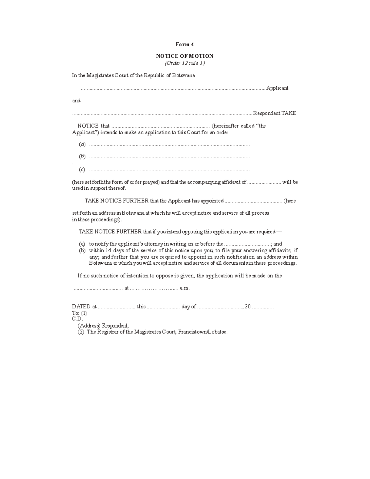 Form 4-notice Of Motion(mc) - Form 4 Notice Of Motion (order 12 Rule 1 