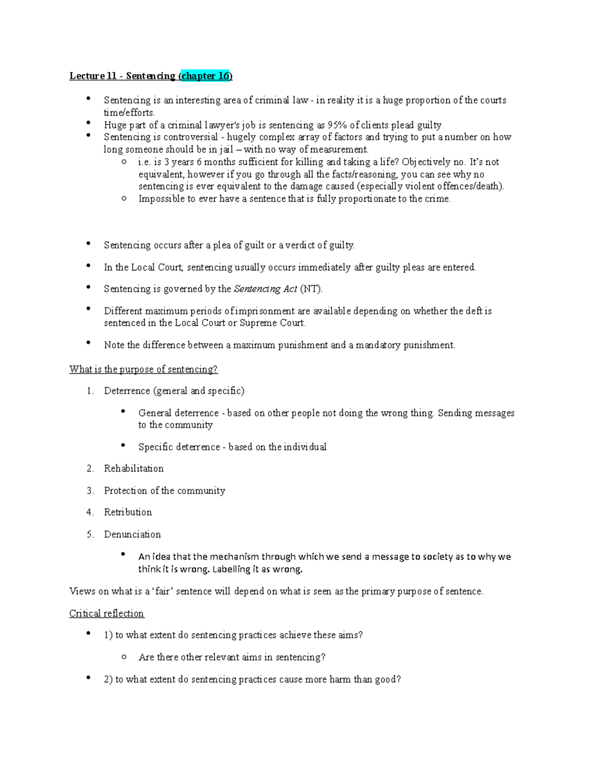 Lecture 11 notes - Lecture 11 - Sentencing (chapter 16) Sentencing is ...