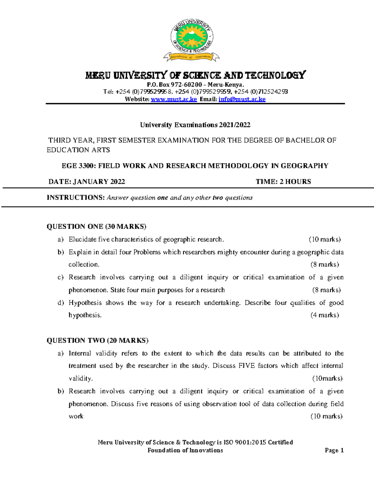 EGE 3300 Field WORK AND Research Methodology IN Geography - Meru ...