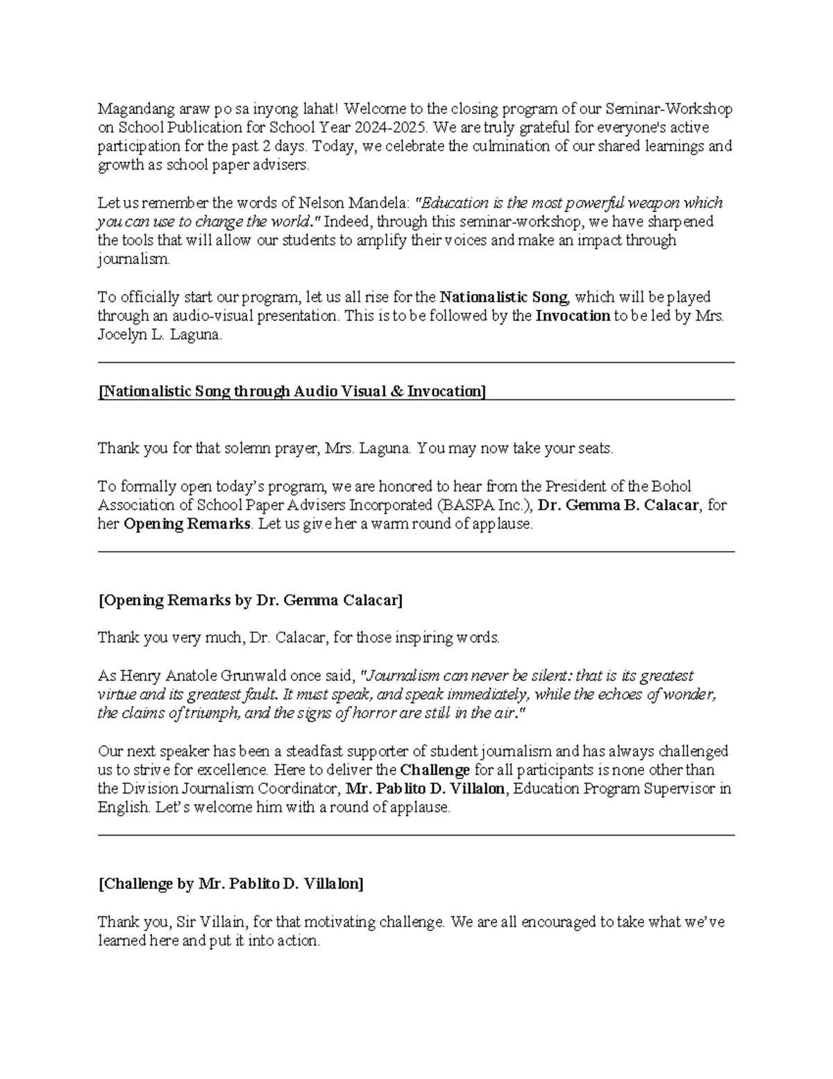 Closing Program Baspa - For school paper purposes - Magandang araw po ...
