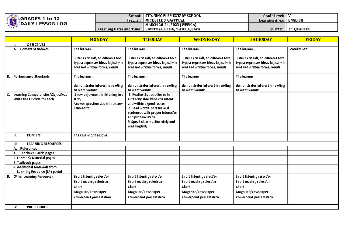 ENG Q3WK6 March 20-24 - Sample lesson log - GRADES 1 to 12 DAILY LESSON ...