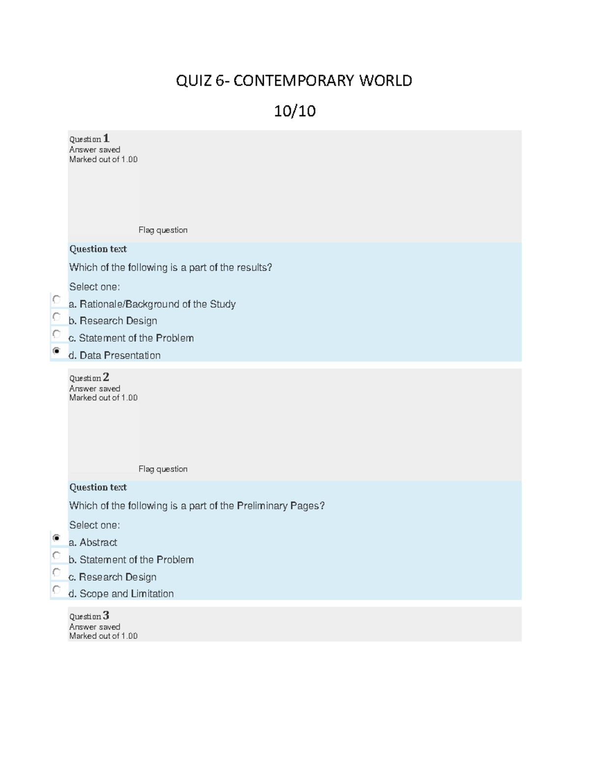 Pdfcoffee - Questions - QUIZ 6- CONTEMPORARY WORLD 10/ Question 1 ...