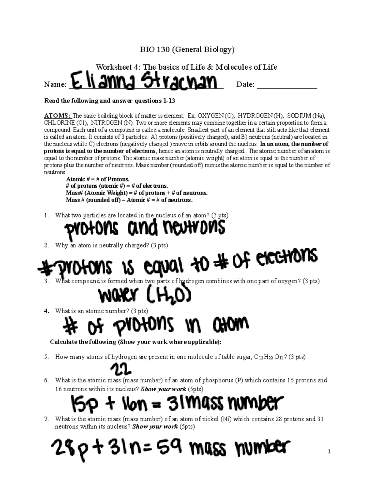 Worksheet 4 BIO 130 (General Biology) Worksheet 4 The basics of Life