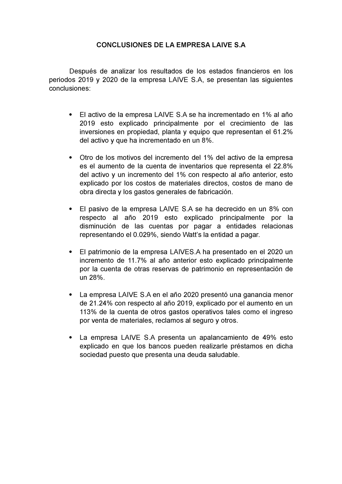 Conclusiones Fcf Fundamentos De Contabilidad Y Finanzas Conclusiones De La Empresa Laive S 4242