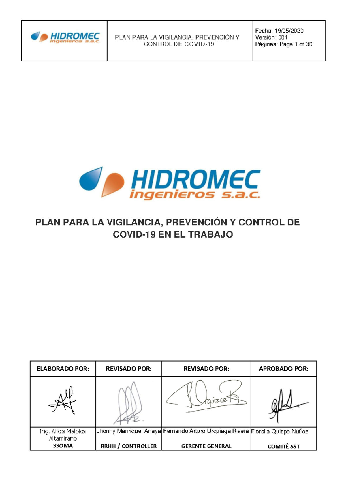 Plan para la vigilancia prevención y control de Covid-19 - Hidromec ...