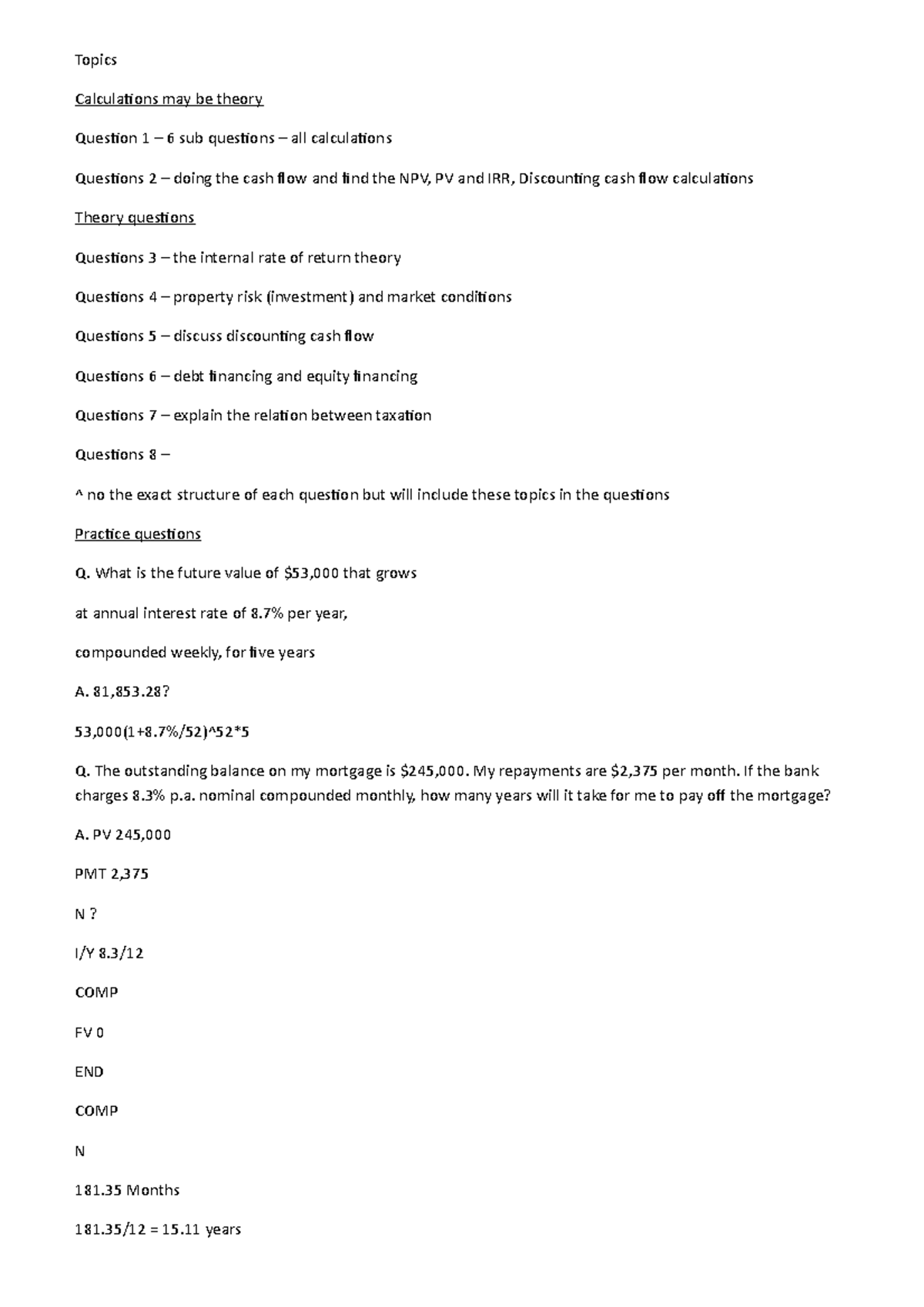 Final exam - Topics Calculations may be theory Question 1 – 6 sub ...