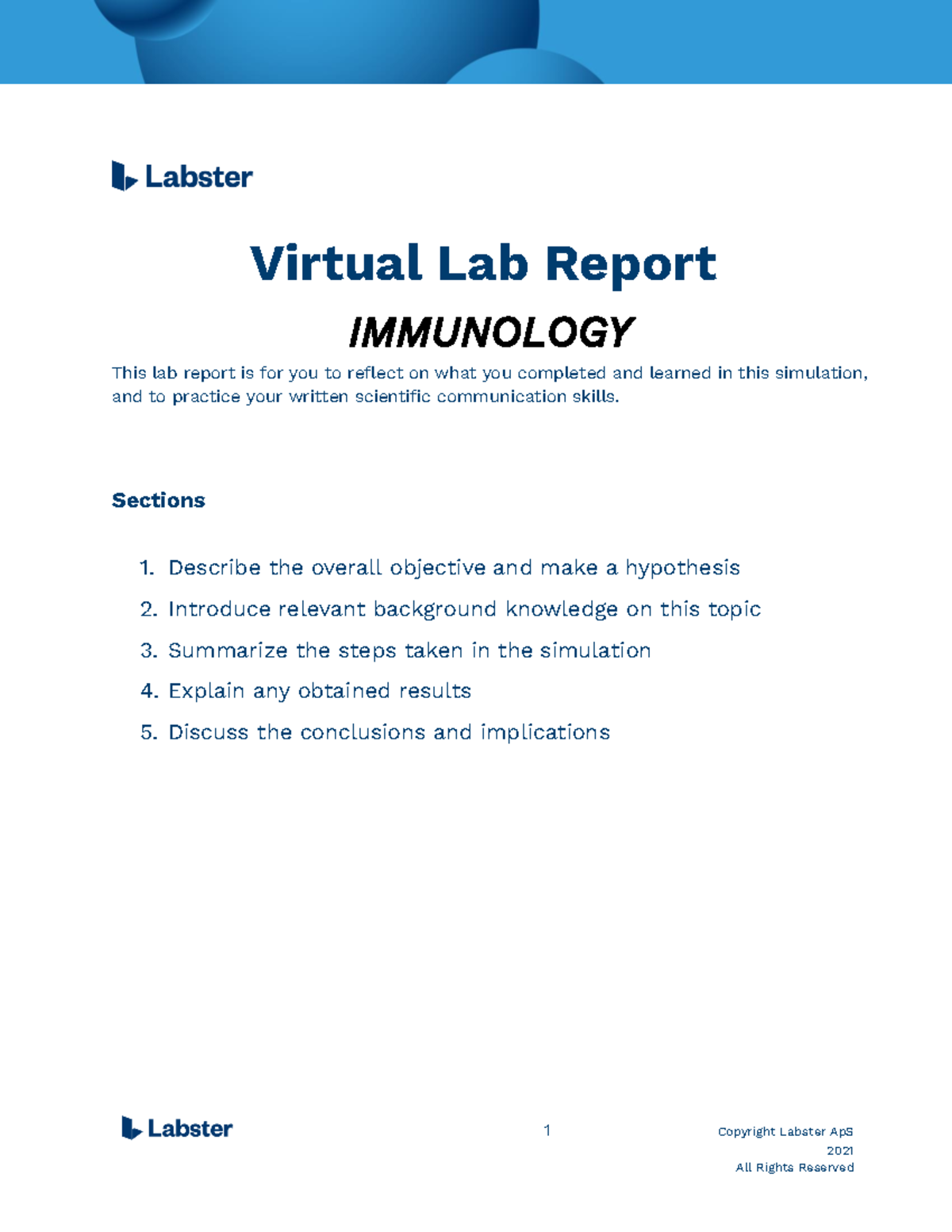 Dispo Lab Report Immunology 1 Copyright Labster ApS 2021 Virtual