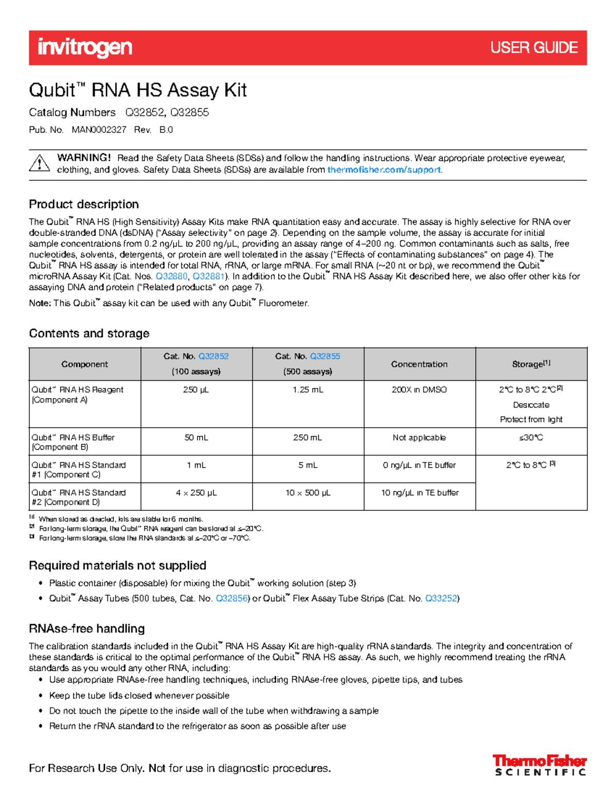 Qubit RNA HS Assay UG Qubit ™ RNA HS Assay Kit Catalog Numbers Q32852