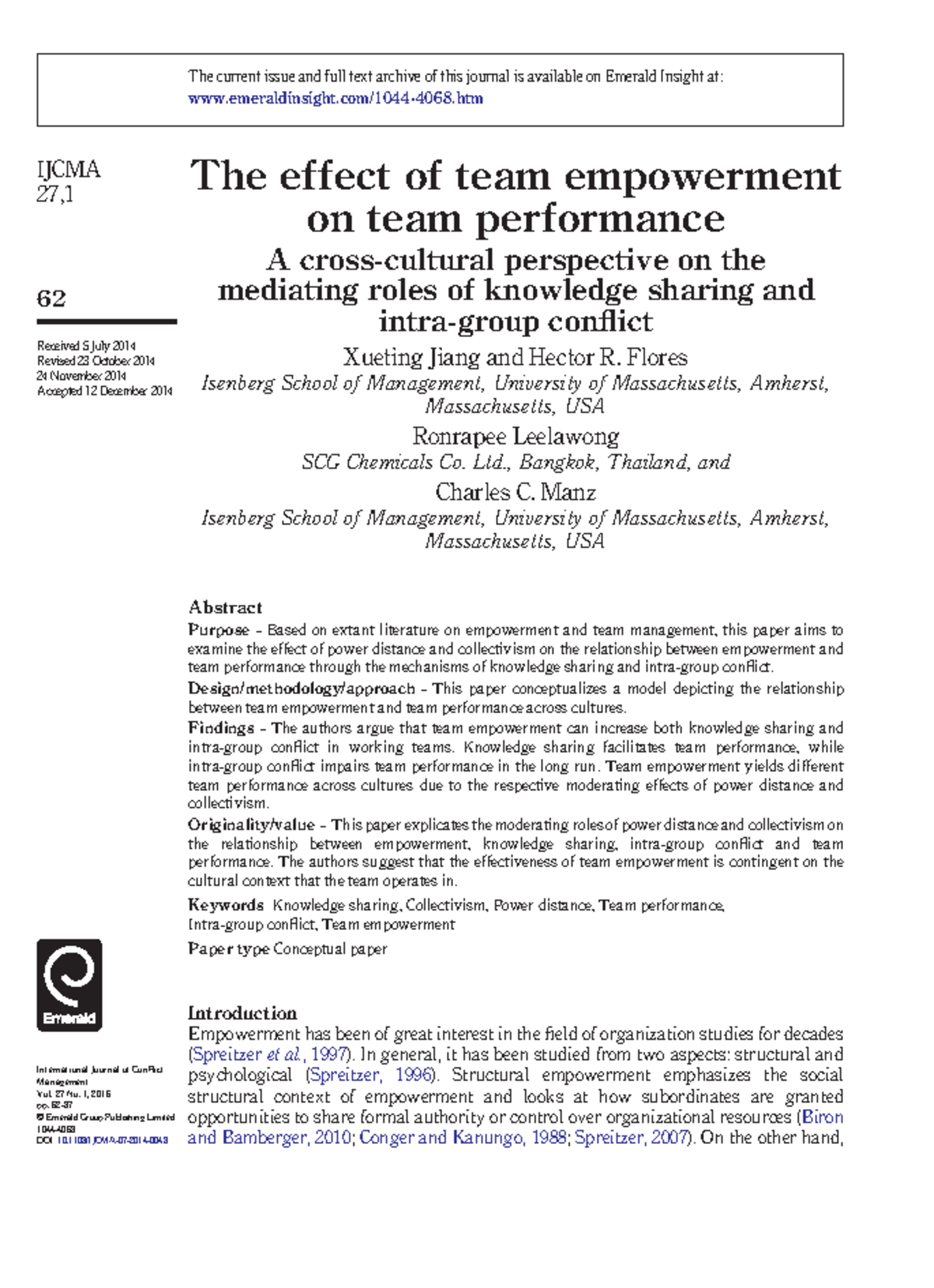 Journal Article 1 - The effect of team empowerment on team performance ...