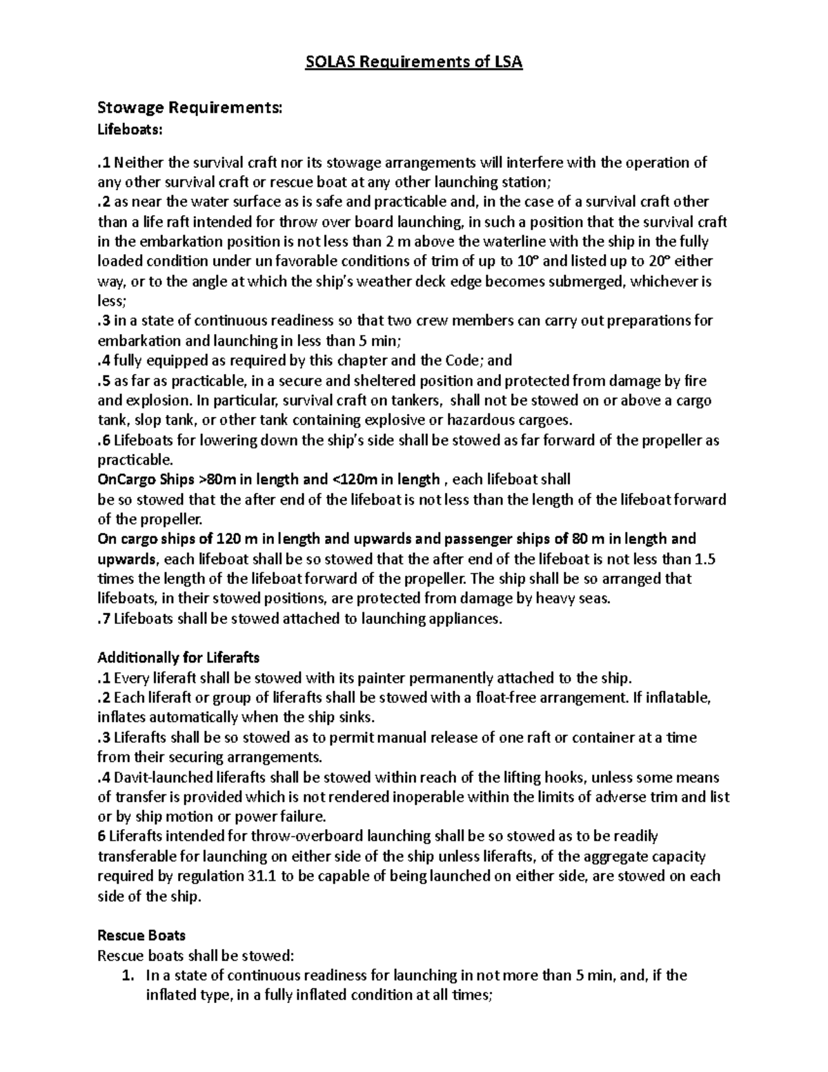 Solas Requirement Notes - SOLAS Requirements of LSA Stowage ...