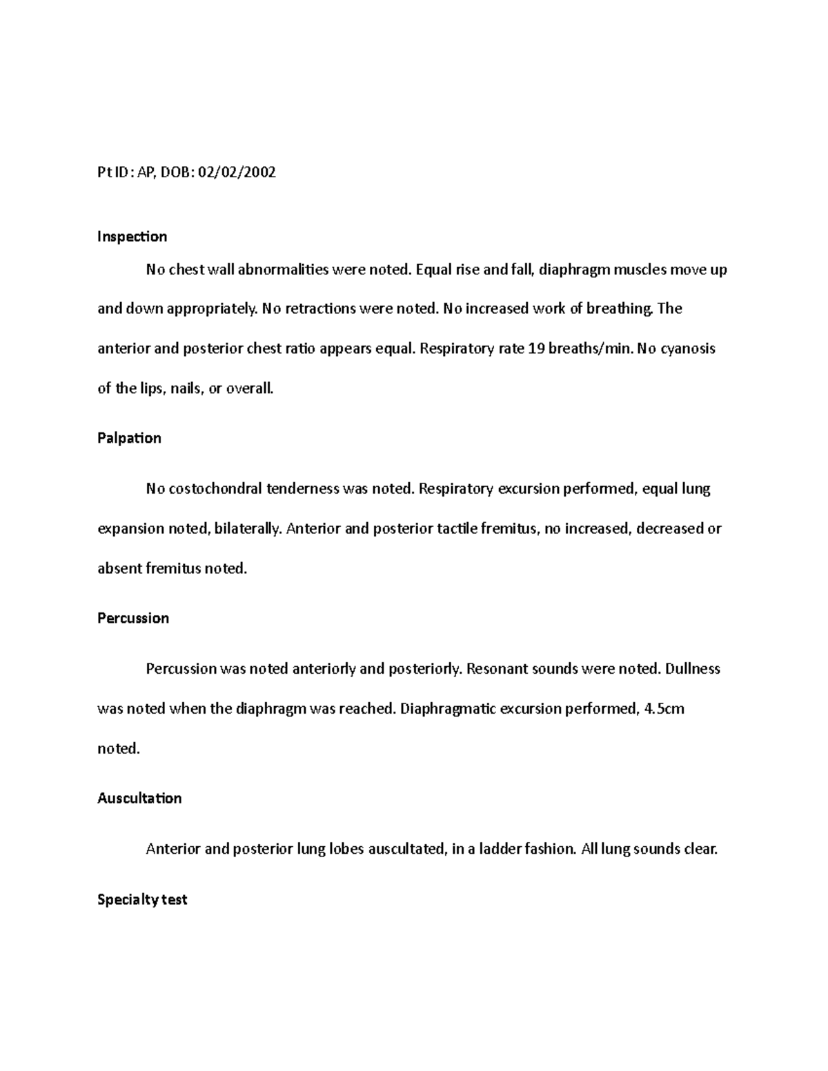Pulmonary Writeup soap note Pt ID AP, DOB 02/02/ Inspection No
