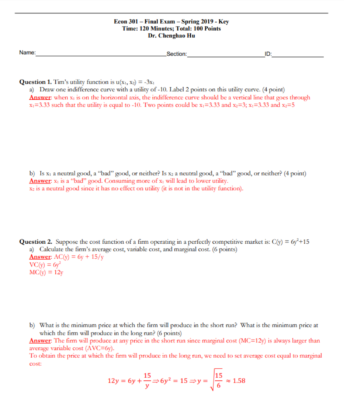 ECON 301 Final Exam Spring 2019 Key - ECON 301 - Studocu