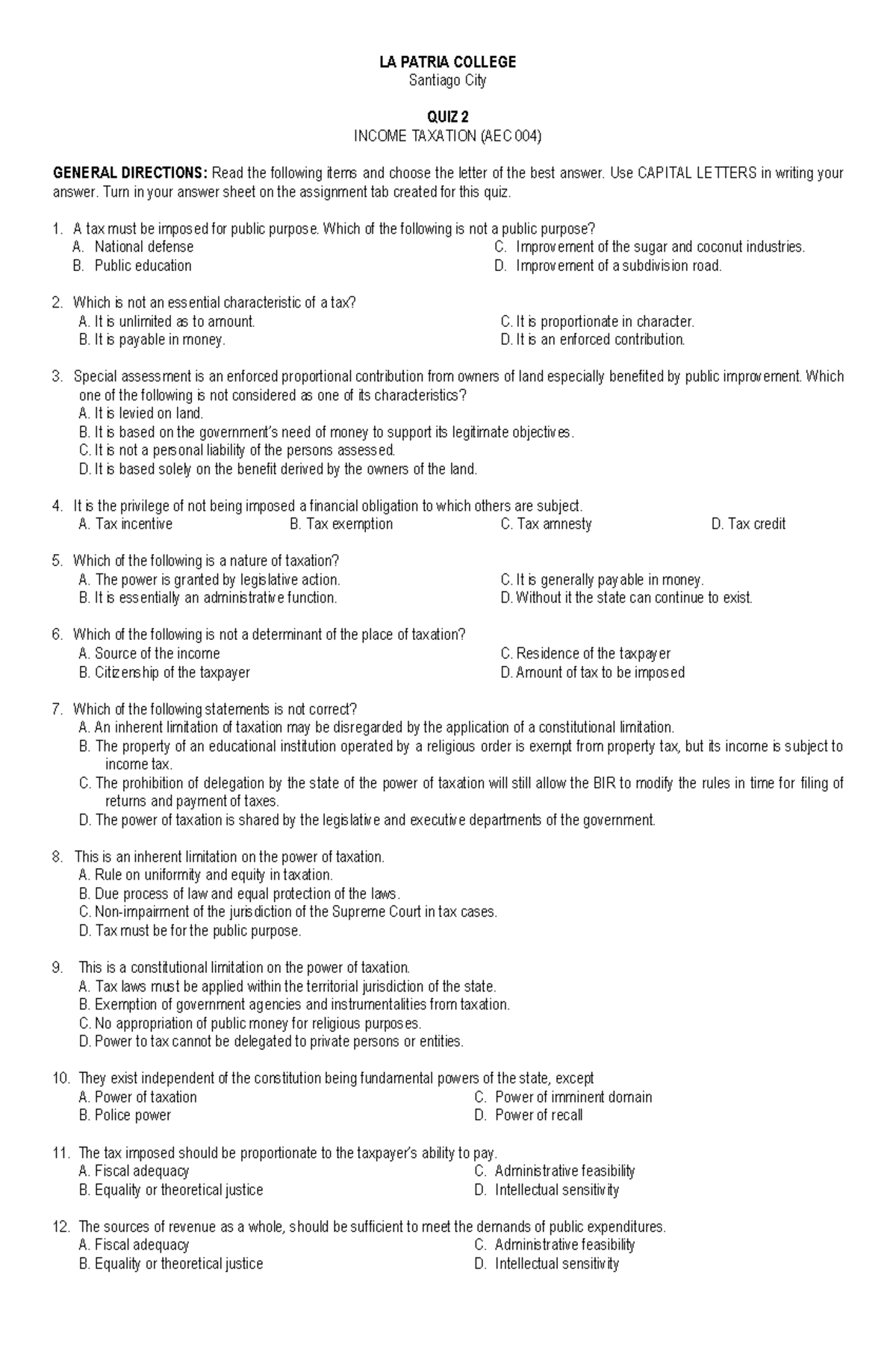 AQEC 004 Income Taxation - LA PATRIA COLLEGE Santiago City QUIZ 2 ...