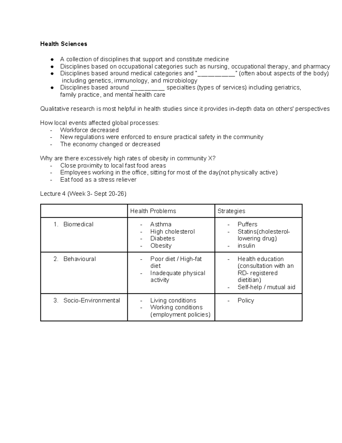 HLTA02H3 Notes - Health Sciences A collection of disciplines that ...