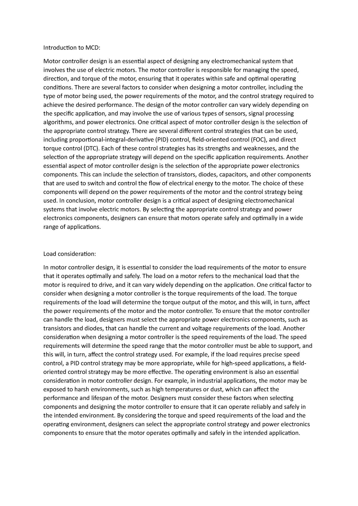 MCD report content - Introduction to MCD: Motor controller design is an ...