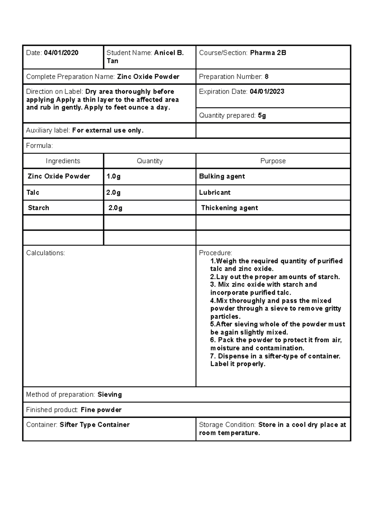 Compounding Record Zinc Oxide Powder Date 04/01/2020 Student Name