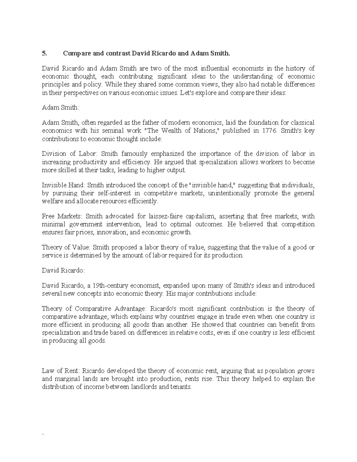 David Ricardo and Adam Smith - 5. Compare and contrast David Ricardo ...