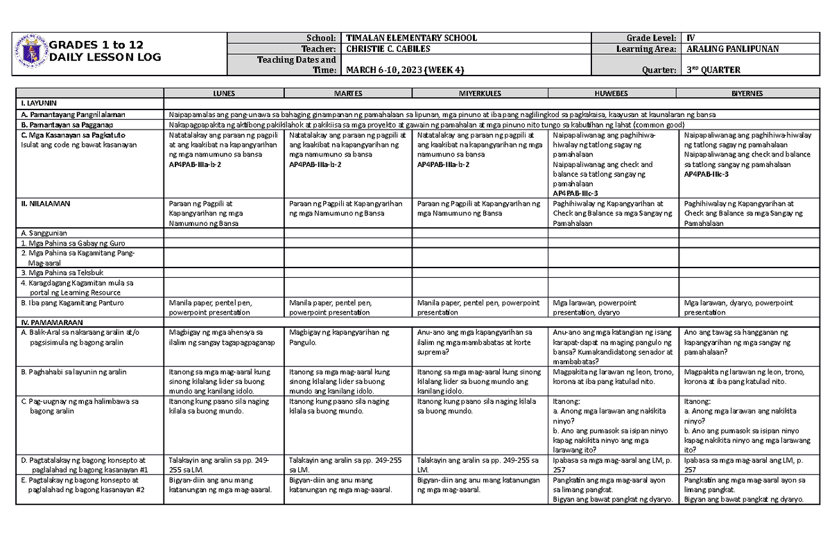 DLL Araling Panlipunan 4 Q3 W4 - GRADES 1 to 12 DAILY LESSON LOG School ...