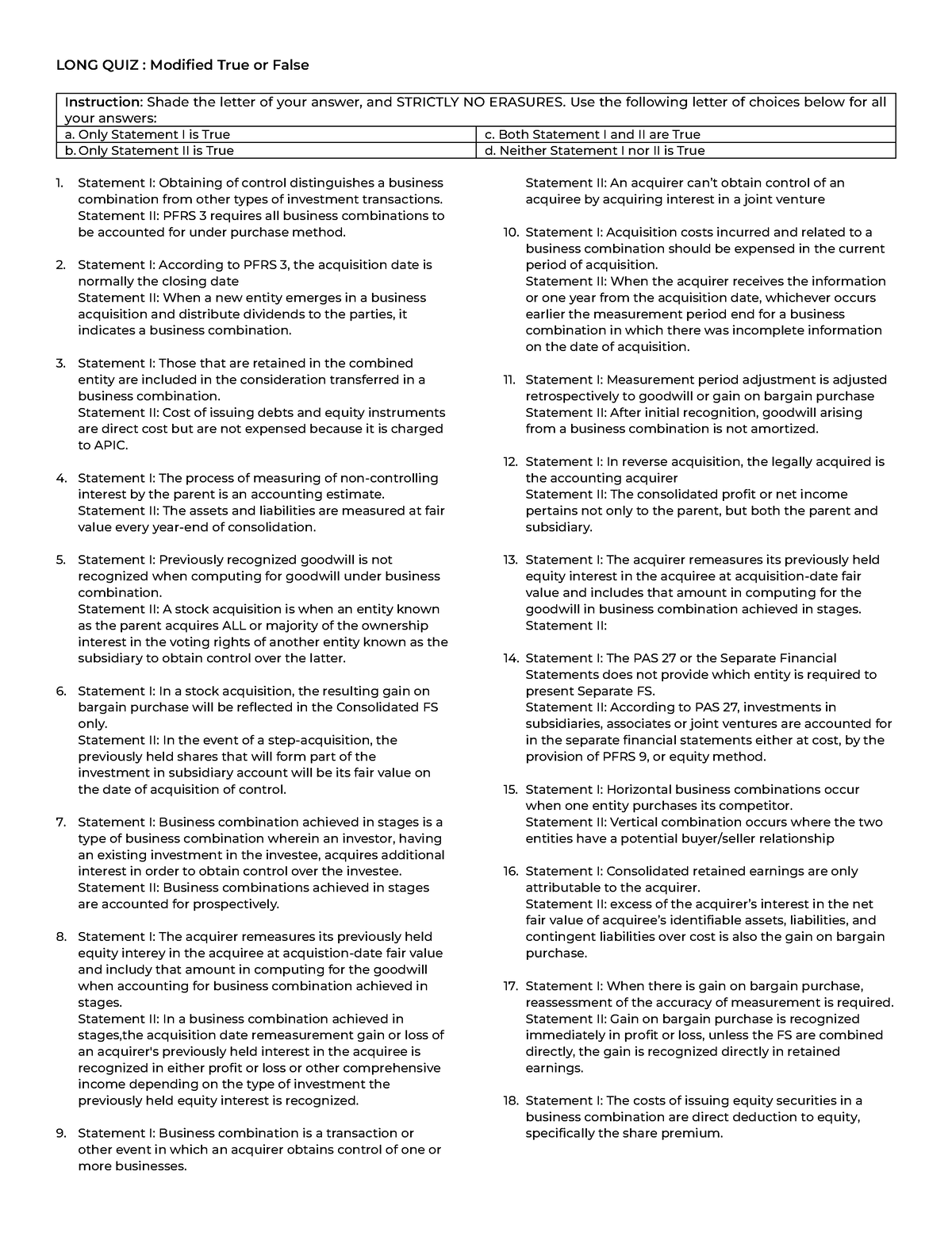 ACC 113 LONG QUIZ Answer Key - LONG QUIZ : Modified True or False ...